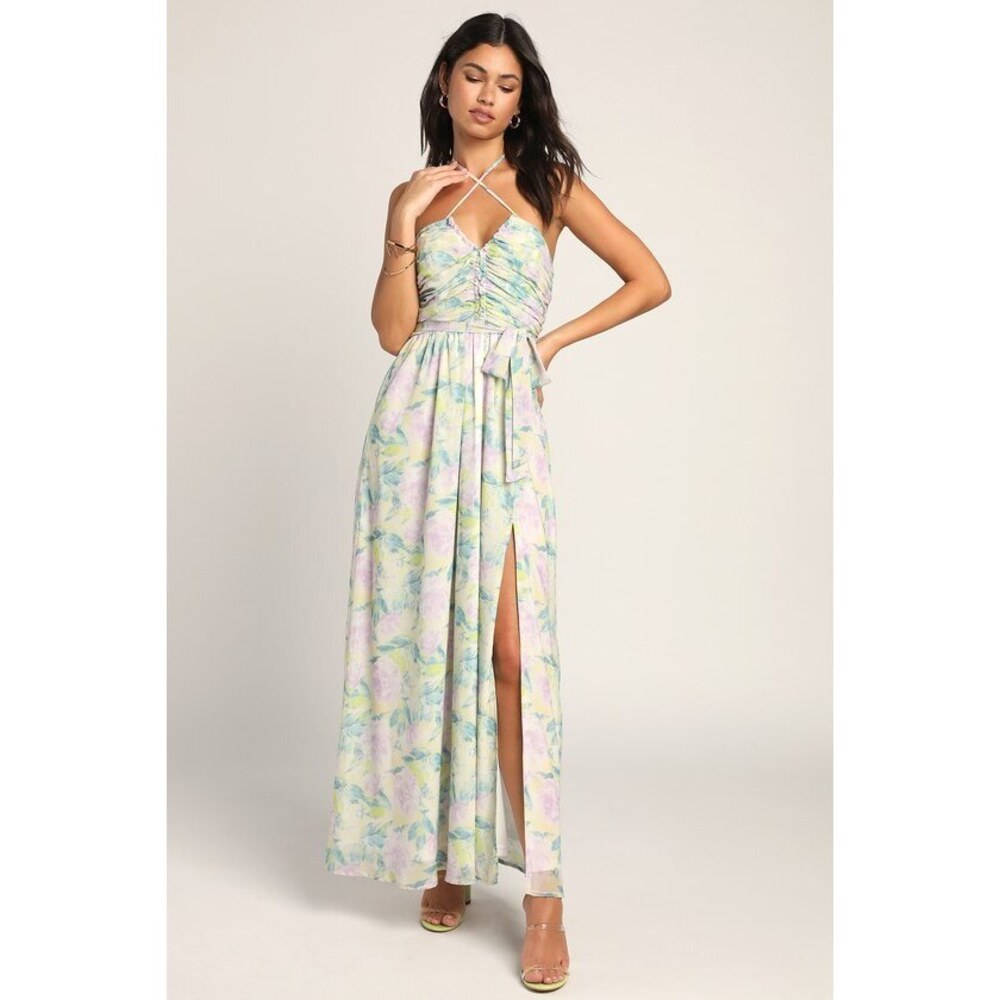 Lulus Effortlessly Abloom Green Multi Floral Ruched Halter Maxi Dress - Size L